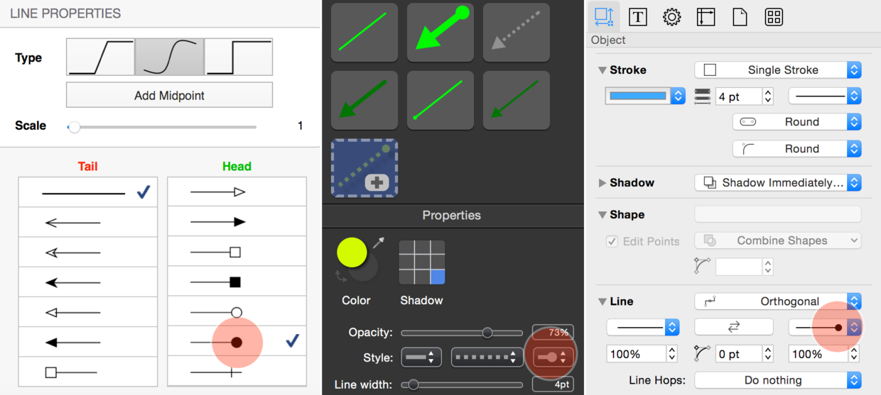 Curio、Snagit、OmniGraffle 中线条端点的设定位置